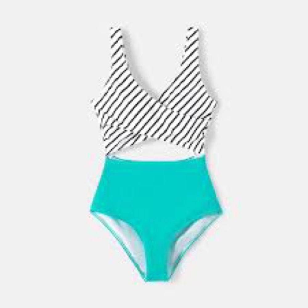 Pat Pat Women’s Striped Black/White Top with Teal Bottom Swimsuit One Piece Sz M